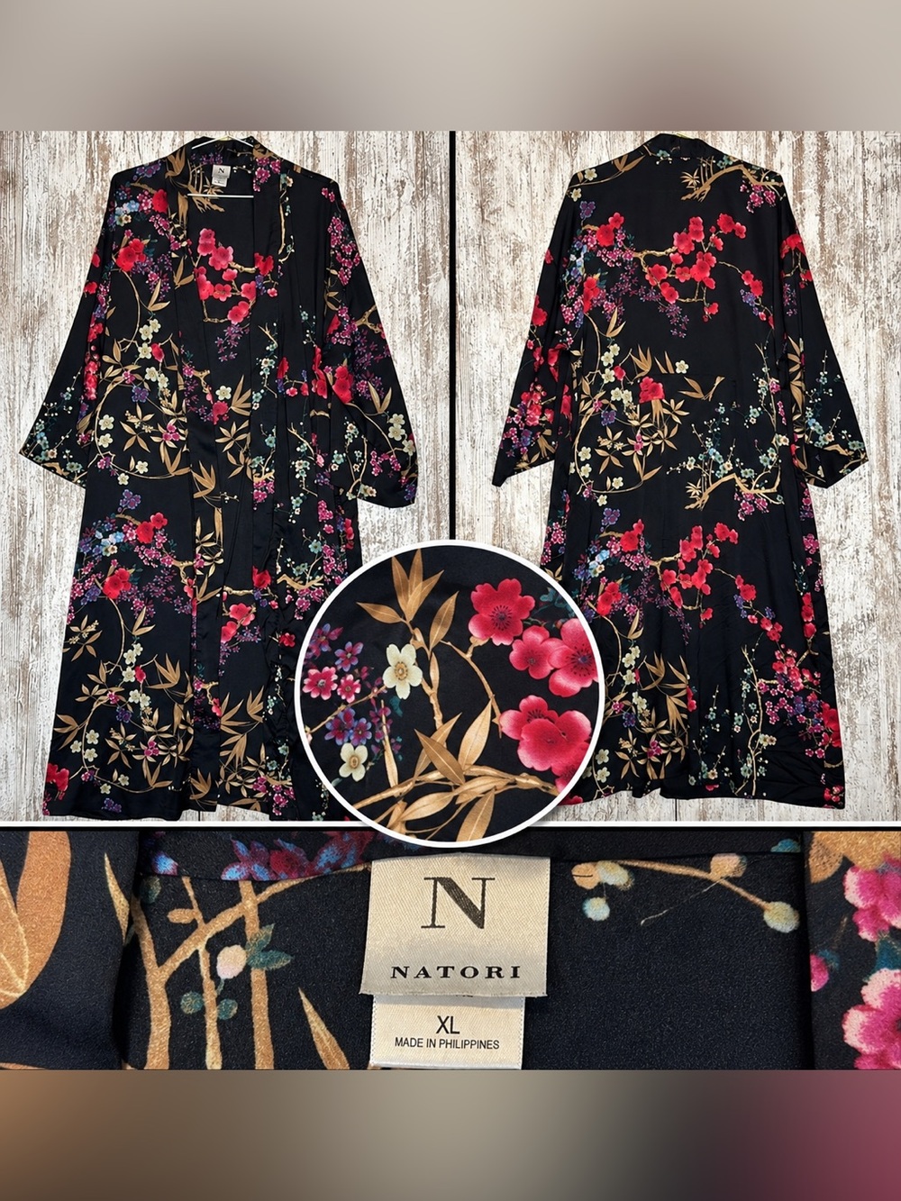 Natori Fleur Dragon Robe Women’s XL Black Multi Floral Satin Kimono